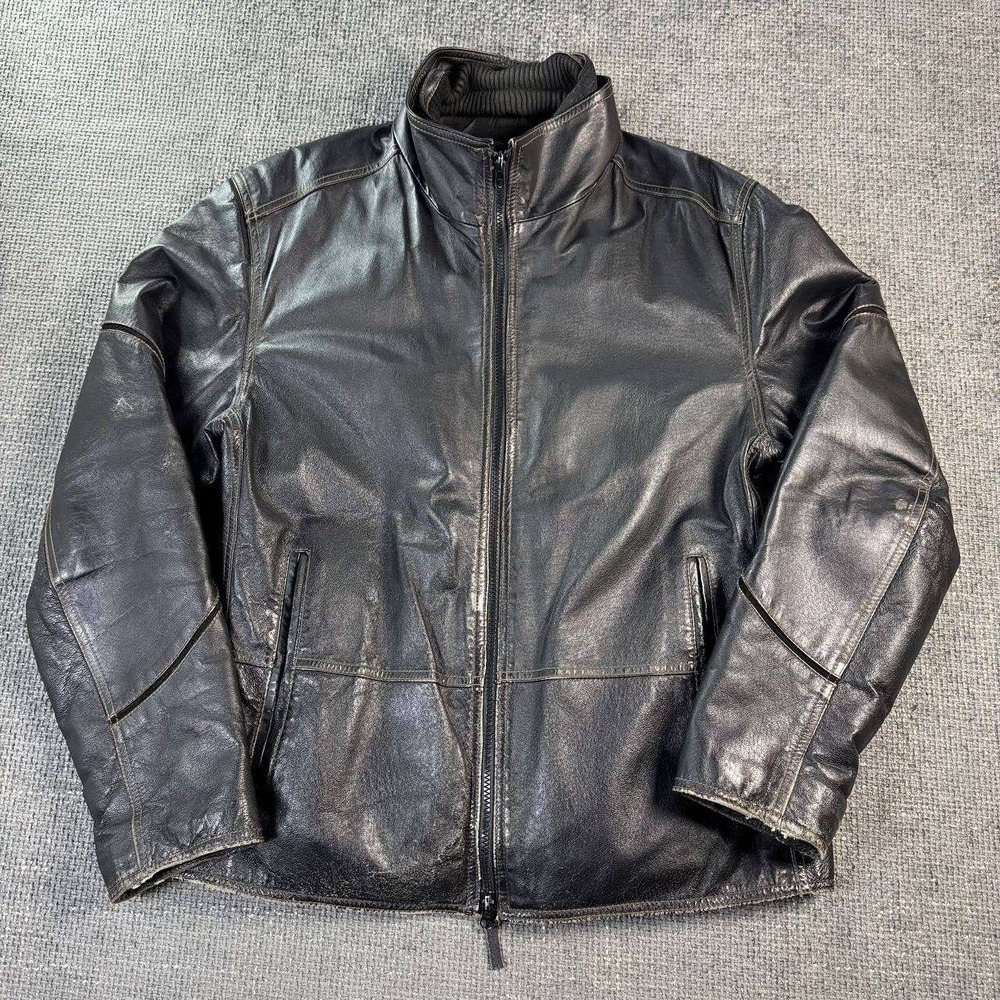 Retreat Black Leather Bomber Jacket Mens Large Distressed Double Zip Y2K Biker